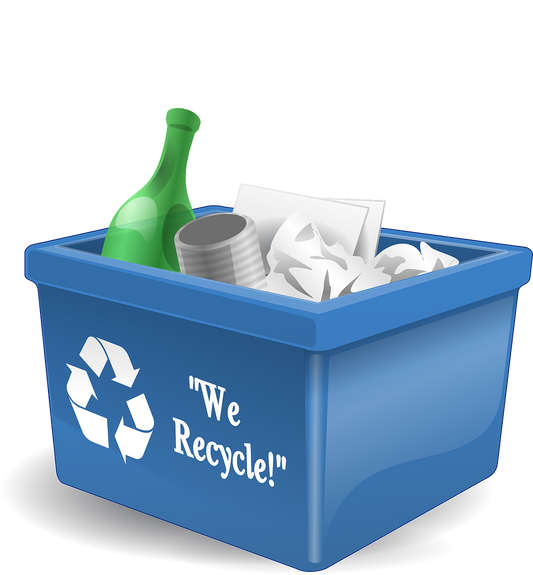 Blue recycling bin with the words "We Recycle" and the chasing arrows recycling triangle. Inside the bin are glass bottles, metal cans, and papers.