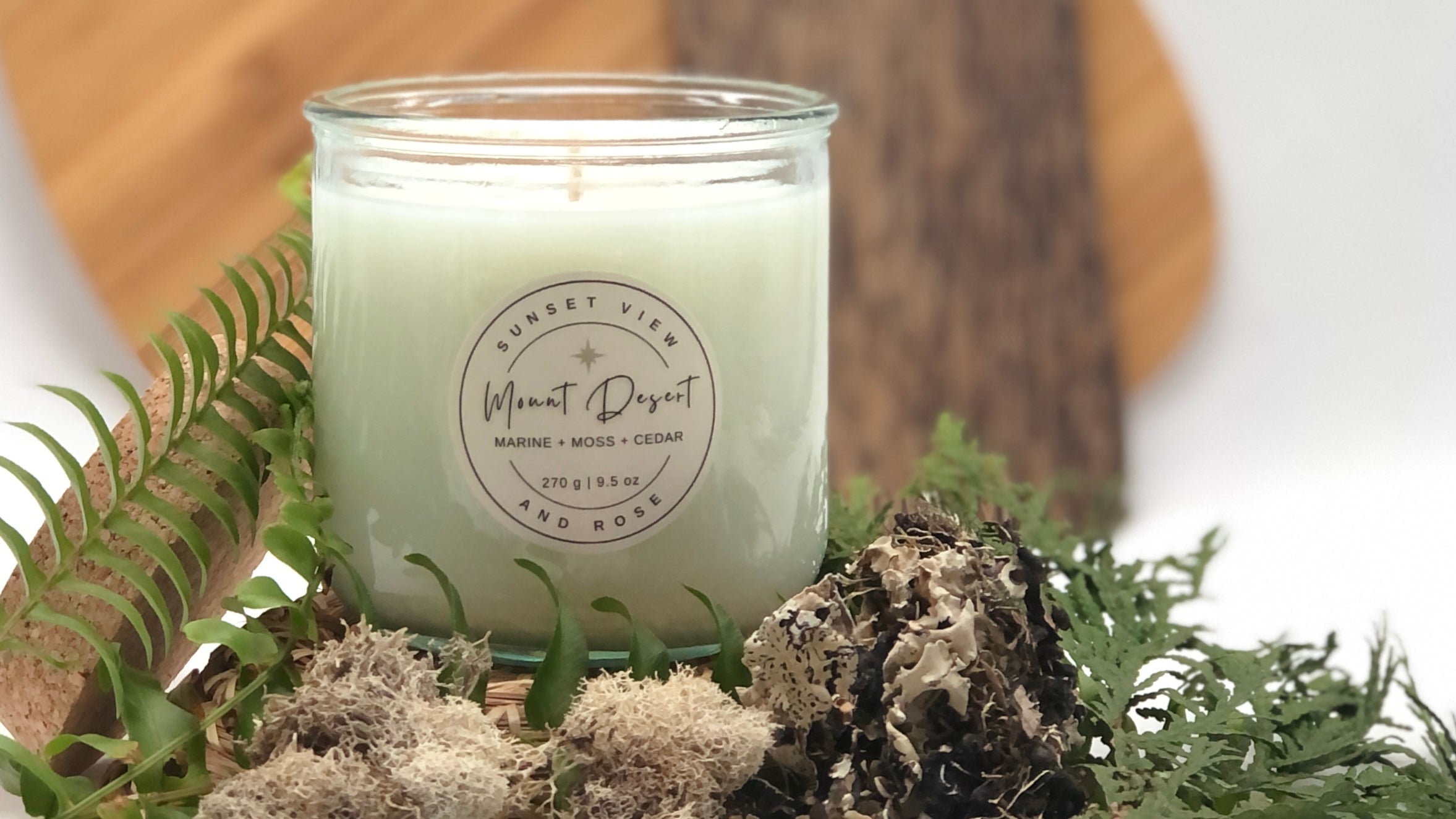 Coconut apricot wax scented candle resting on a bed of moss and ferns invokes feelings of the outdoors.  