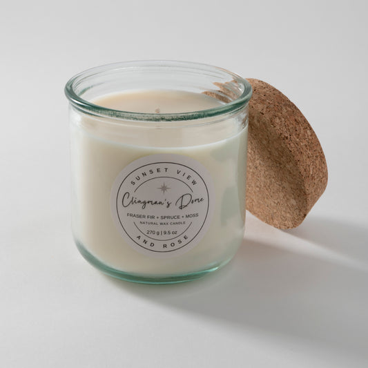 Sunset View and Rose - scented soy candles using domestically produced soy wax in attractive and sustainable recycled jars.  Scent profile includes Fraser Fir, Spruce and Moss. Sunset View and Rose is sustainable luxury.