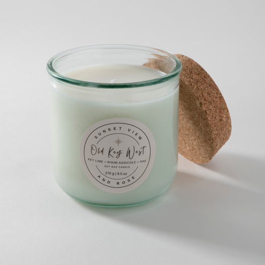 Sunset View and Rose uses a 9.5 ounce scented soy wax candle in a recycled Spanish glass jar, scented with Key Lime, Rhum Agricole, Oak. Our sustainable candles are made with premium fragrance oils. We craft delightful nostalgic nontoxic candles and home fragrances with environmentally friendly business practices in mind.